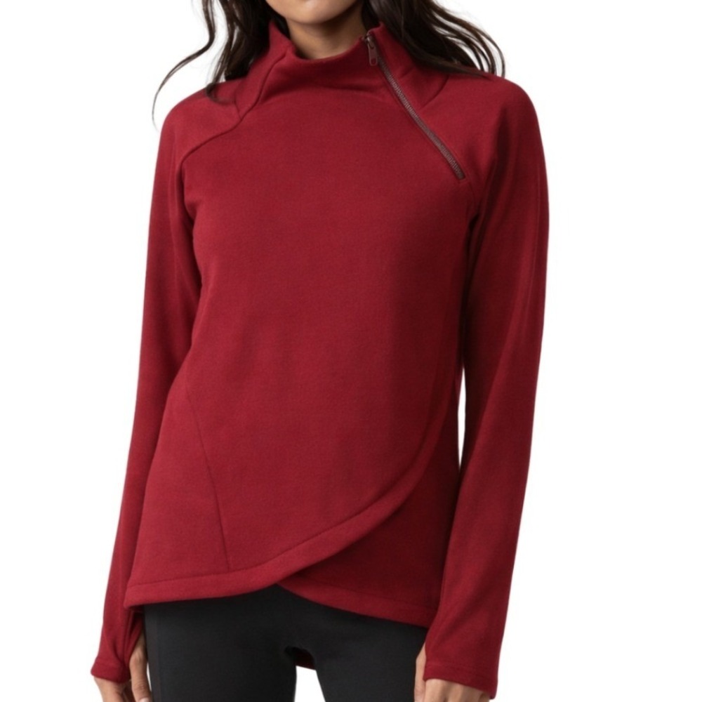 Athleta Cozy Karma Asymmetrical Zip Mock Neck Pullover Sweatshirt Women L Red